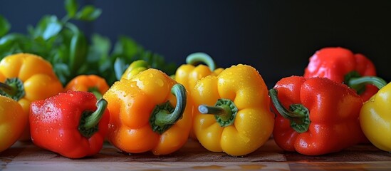 Wall Mural - Vibrant Visual: A Splash of Yellow, Orange, and Pepper Brings Life to the Scene With Yellow Peppers, Orange Peppers, and a Fiery Yellow Orange Pepper