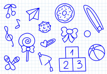 Wall Mural - Daycare doodle icons set. Doodle kindergarten Montessori toys for nursery, and school. Vector illustration