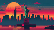 Statue Of Liberty In Minimal Colorful Flat Vector Art Style Illustration.