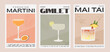 Pornstar Martini, Gimlet and Mai Tai Cocktail. Classic alcohol beverage recipe. Set of modern trendy graphic print. Summer aperitif wall art. Minimalist poster with garnish drink. Vector illustration.