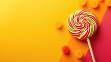 A vibrant lollipop and candies on a colorful background