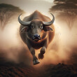 Aggressive Angry Brown Bull Buffalo Horde with Sharp Horns Looking and Running in Dirt Road Forest Towards the Camera in Cloud Trail of Dust Everywhere. Wildlife Animal, Mammal, Safari, Wild, Nature.
