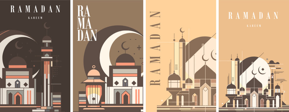 Set of four minimalist vector banners for Ramadan Kareem featuring mosque silhouettes, crescent moons, stars, and geometric decorations in a warm color palette.