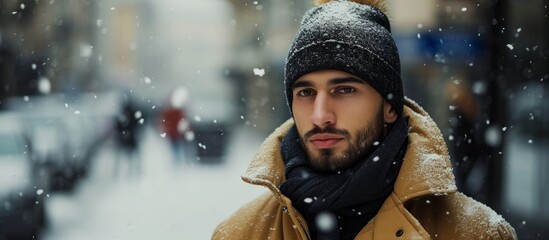 Poster - Stylish Set: Man in Winter Clothes Presenting Something Stunning