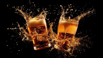 two glasses of beer toasting creating splash