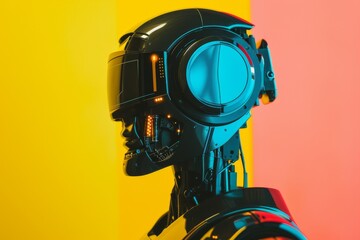 Aufkleber - A futuristic black robot captures the world through its camera lenses, capturing the essence of life with a curious and analytical eye