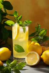 Wall Mural - Lemonade in glasses on wooden table with slices of lemon and mint