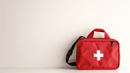 Red first aid kit with a white cross on a plain background