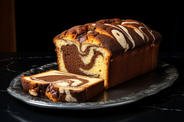 Wall Mural - Chocolate and vanilla marble cake or zebra cake on wooden board