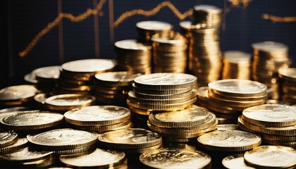 Poster - Business marketing success: Stack of coins with an upward graph chart representing growth