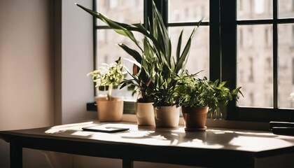 Canvas Print - Mockup of a desk setup with plants at a window, featuring shadow play for a workspace concept