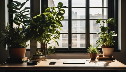 Canvas Print - Mockup of a desk setup with plants at a window, featuring shadow play for a workspace concept