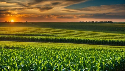 Wall Mural - Sunset beauty over a corn field: Blue sky and clouds landscape creating an agricultural backdrop