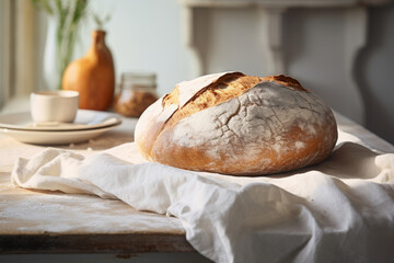 Wall Mural - Rustic loaf of bread freshly baked and ready to eat in white modern kitchen