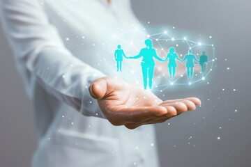 Poster - A Holographic Projection of Connected Human Figures Symbolizing Teamwork and Collaboration in a Business Context, Generative AI