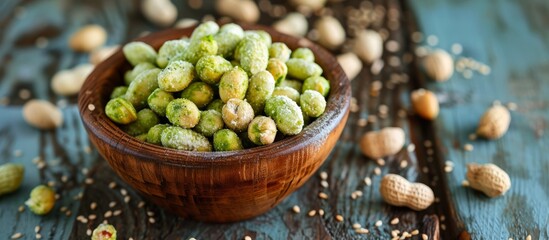 Wall Mural - Spicy Wasabi-Coated Peanuts on a Rustic Wooden Table: A Perfect Pairing of Wasabi, Coated, Peanuts, Wooden, Table