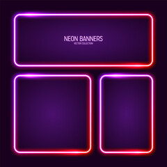 Wall Mural - Glowing neon banners, illuminated colorful square frames. Shiny vibrant border, glow effect. Purple vintage retro lights, night illumination. Modern futuristic UI design elements. Vector illustration