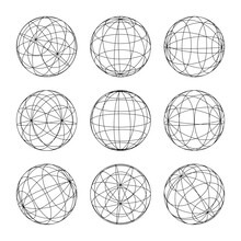 Wireframe Shapes, Lined Sphere. Perspective Mesh, 3d Grid. Low Poly Geometric Elements. Retro Futuristic Design Elements, Y2k, Vaporwave And Synthwave Style. Vector Illustration