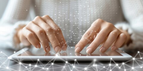 Fototapete - Elegant Hands Interact with a Futuristic Tablet, Symbolizing the Seamless Connectivity of Modern Technology, Generative AI