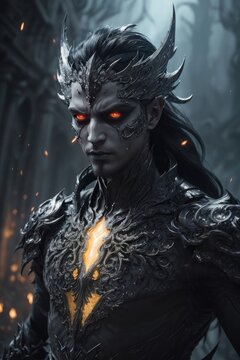 Portrait of a demon warrior in the dark forest. Fantasy. Generative AI.