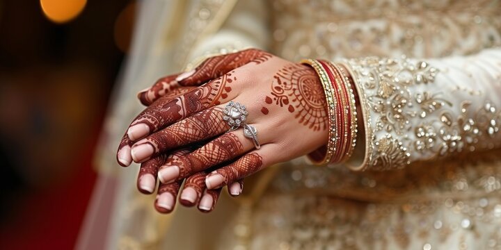 A Bride's Hands Elegantly Decorated with henna and Mehndi and Jewels, Symbolizing the Rich Heritage of Wedding Rituals, Generative AI