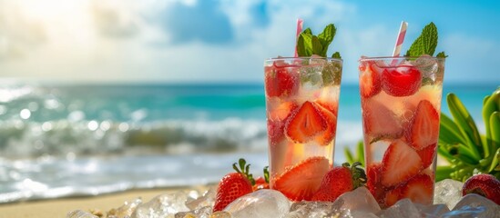 Canvas Print - Two Delicious Fruit Cocktails by the Beach: Double the Refreshment, Double the Flavor, Double the Fun