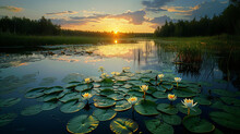 Sunset Over The Lake. As The Sun Goes Down, A Pretty White Water Lily Floats In The Lake.