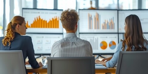 Poster - A Team of Professionals Reviewing Data and Trends on Multiple Computer Monitors in a Corporate Environment, Generative AI