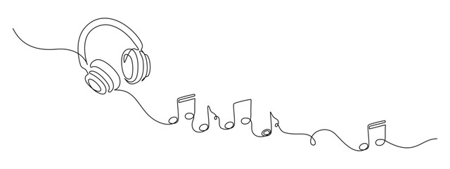 Poster - One continuous line drawing of musical notes and headphones. Minimalistic web banner and modern logo of sound and music school in simple linear style. Editable stroke. Doodle vector illustration