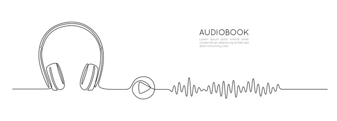 Aufkleber - One continuous line drawing of audiobook concept. Listening and reading device web banner for education and podcasts in simple linear style. Editable stroke. Doodle vector illustration