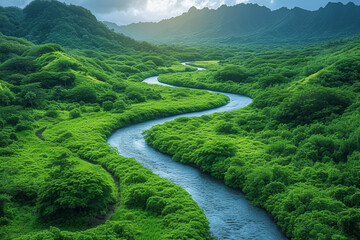 Wall Mural - A meandering river cutting through a lush valley, emphasizing the importance of preserving natural water resources. Concept of environmental conservation. Generative Ai.