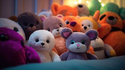 Wall Mural - A group of stuffed animals are sitting on a bed. Generative AI.