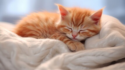 Cute little red kitten sleeps on fur white blanket