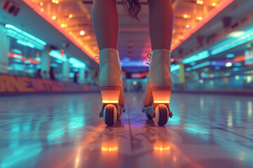 Sticker - A couple roller skating in a retro-themed rink, capturing the carefree spirit and fashion of the 70s roller disco era. Concept of roller skating fun. Generative Ai.