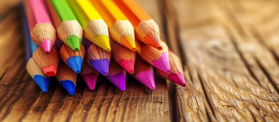 Sticker - Vibrant Stack of Colourful Wooden Pencils against a Background of Stacked Colourful Pencils on a Wooden Background