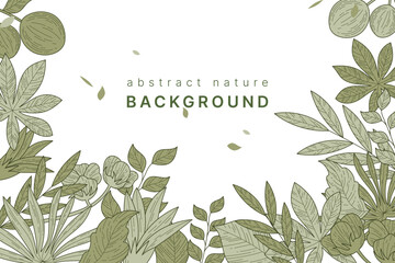 Wall Mural - Botanical line background with green flowers and leaves vector background.