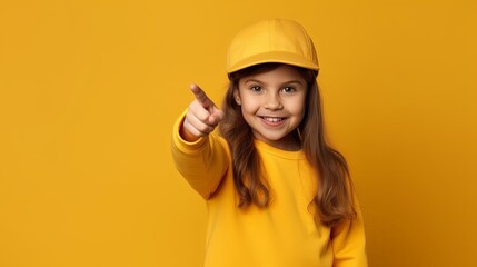 Wall Mural - Portrait, studio and happy child pointing hand at space with a smile on face on yellow background. Young girl kid with happiness, carefree and positive attitude to show product placement mockup deal