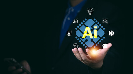 Wall Mural - ai tech, businessman show virtual graphic global internet connect ai, artificial intelligence. using