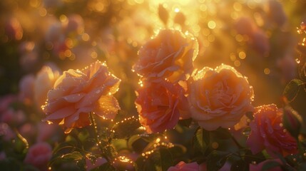 Wall Mural - Dew-Sprinkled Roses at Sunrise, Vivid Colors in Morning's Gentle Glow