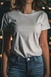 front view young woman wearing white tshirt print on demand mockup blurred  bokeh background - generative ai