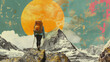Contemporary hiking collage art illustration, collage style travel concept art