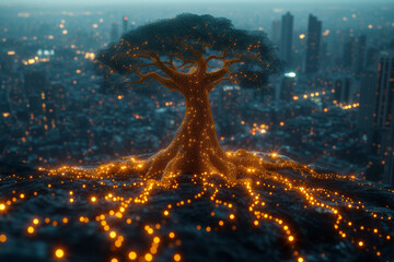 Poster - The digital connectivity webbing through a city against the interconnected root system of an ancient tree, symbolizing the intertwining networks that sustain both urban lifes. Generative Ai.