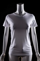 Wall Mural - Women's white tshirt print on demand mockup on black mannequin isolated on black background - Generative ai