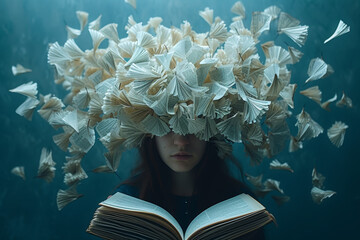 Wall Mural - a person with an open book as a head, pages fluttering like thoughts, symbolizing the constant flow 