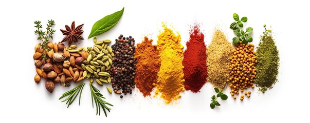 Wall Mural - row of different aromatic spices on white background, spices neatly arranged on white