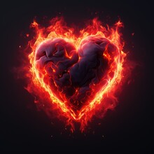 Fiery Burning Heart On Black Background. Orange, Yellow And Red Flame. Concept Of Love And Passion. AI Generated 