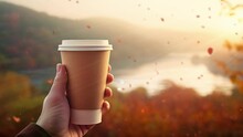  Hand Holding Paper Cup Of Coffee On Natural Morning. Seamless Looping Overlay 4k Virtual Video Animation Background 