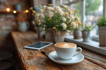 Wall Mural - A tablet and smartphone mockup on a coffee shop table, offering a cozy setting for presenting mobile app designs, digital content, and user interfaces.  Generative Ai.