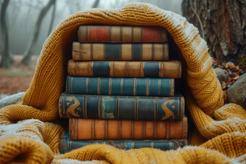 Poster - A stack of well-loved books on a cozy reading nook, representing the endless adventures and knowledge found within literature. Concept of reading and imagination. Generative Ai.