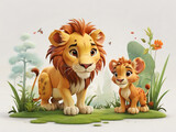 Fototapeta Dziecięca - lion and lion cubs in the jungle - illustration for children